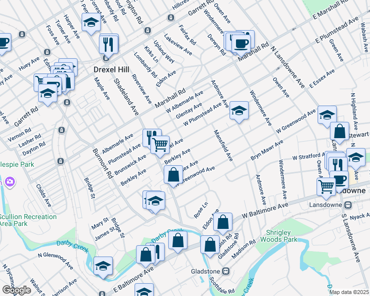 map of restaurants, bars, coffee shops, grocery stores, and more near 233 Berkley Avenue in Lansdowne