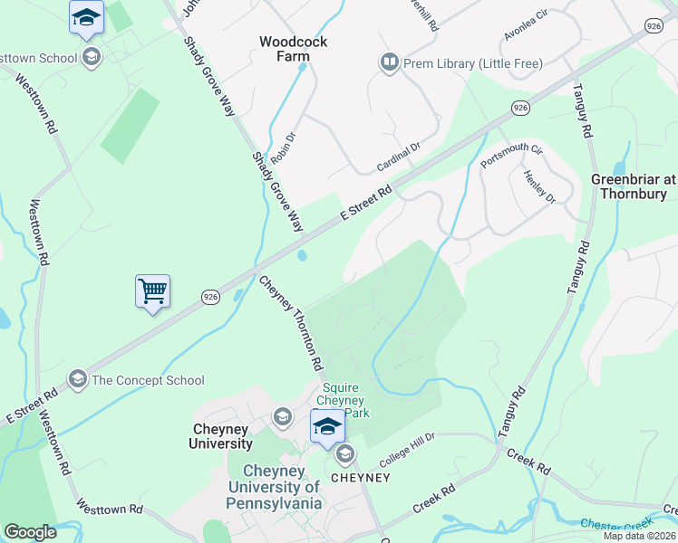 map of restaurants, bars, coffee shops, grocery stores, and more near 1231 Cheyney Road in West Chester