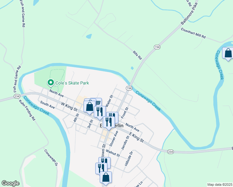 map of restaurants, bars, coffee shops, grocery stores, and more near 119 Water Street in East Berlin