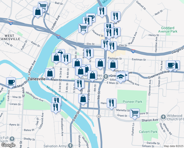 map of restaurants, bars, coffee shops, grocery stores, and more near 26 North 7th Street in Zanesville