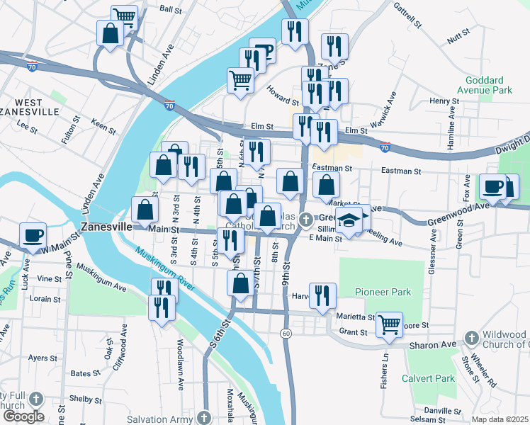 map of restaurants, bars, coffee shops, grocery stores, and more near 26 North 7th Street in Zanesville
