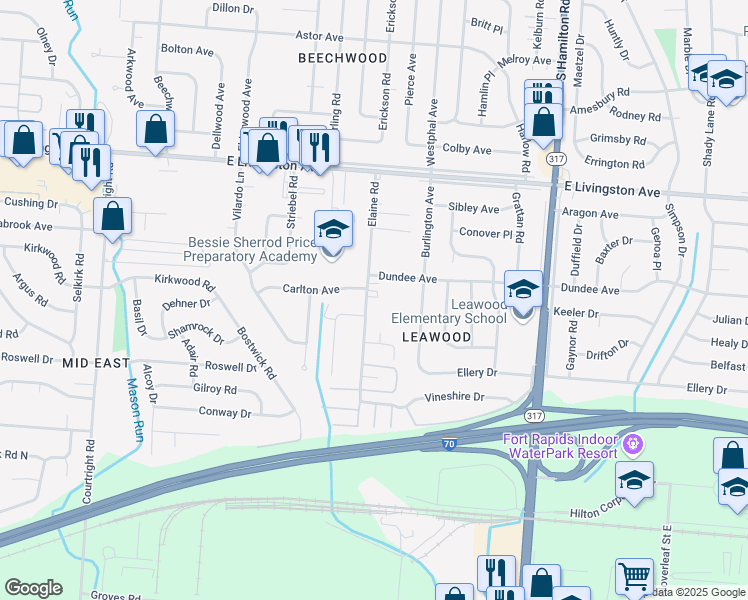 map of restaurants, bars, coffee shops, grocery stores, and more near 1650 Elaine Road in Columbus