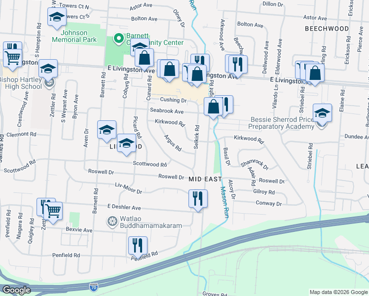 map of restaurants, bars, coffee shops, grocery stores, and more near 1567 Argus Road in Columbus