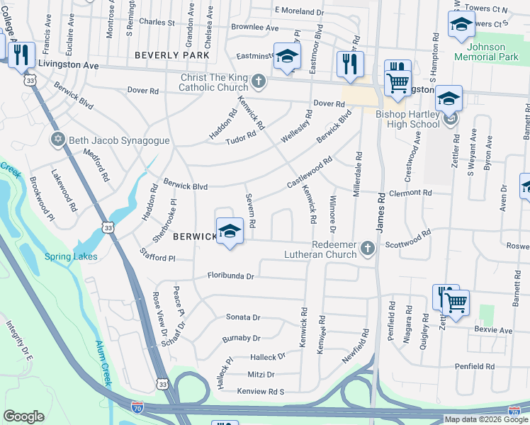 map of restaurants, bars, coffee shops, grocery stores, and more near 1444 Severn Road in Columbus