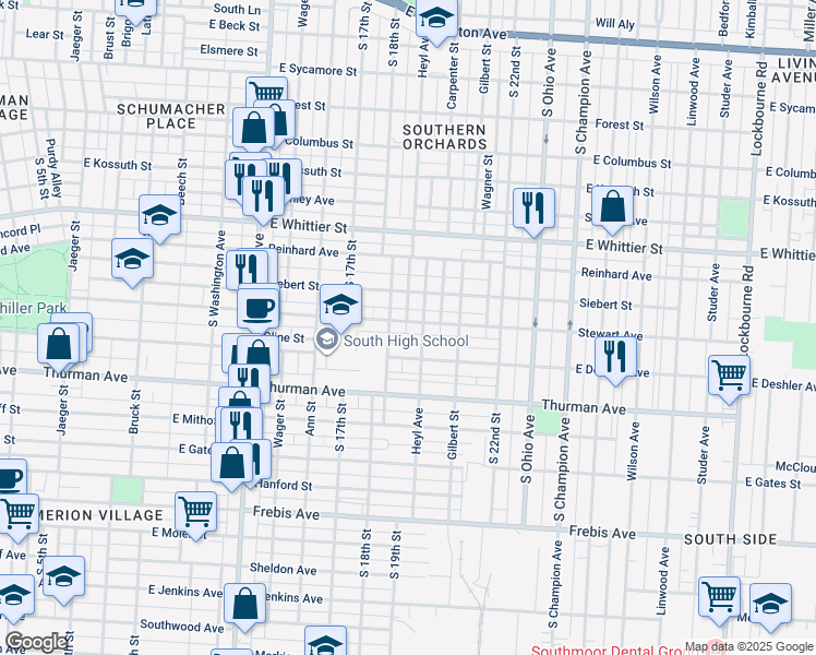 map of restaurants, bars, coffee shops, grocery stores, and more near 1155 Heyl Avenue in Columbus