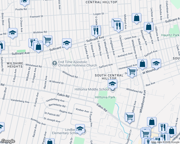 map of restaurants, bars, coffee shops, grocery stores, and more near 721 South Eureka Avenue in Columbus