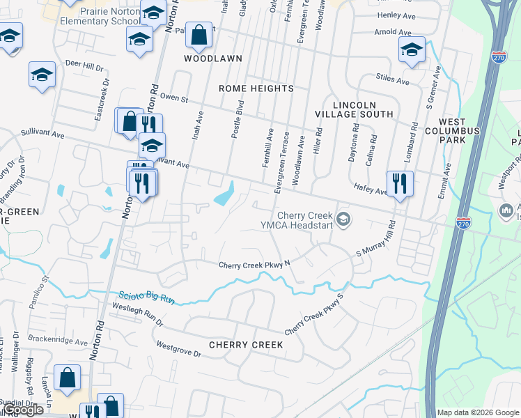 map of restaurants, bars, coffee shops, grocery stores, and more near 559 Evergreen Terrace in Columbus