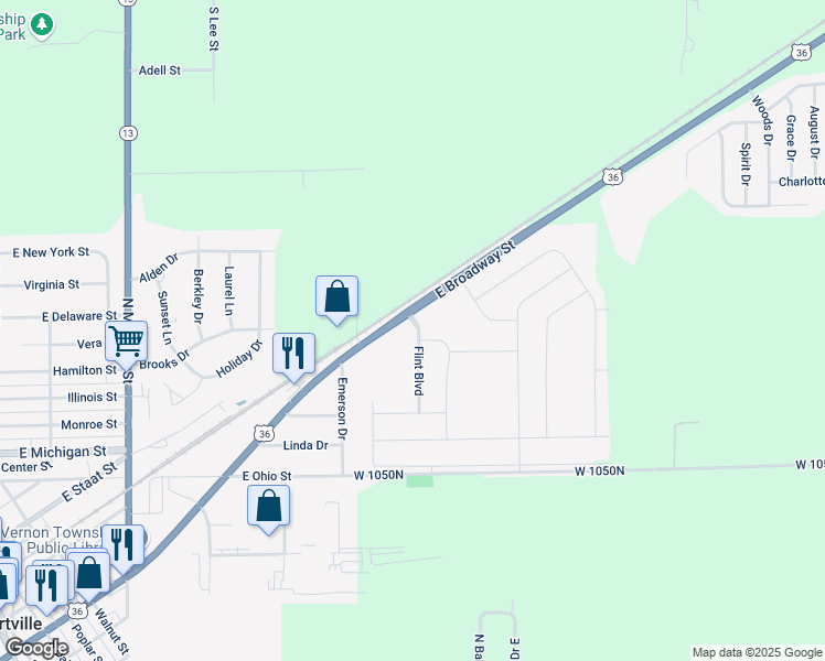 map of restaurants, bars, coffee shops, grocery stores, and more near 590 Flint Boulevard in Fortville