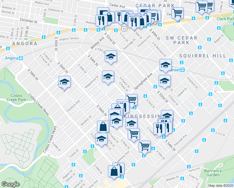 map of restaurants, bars, coffee shops, grocery stores, and more near 5418 Windsor Street in Philadelphia