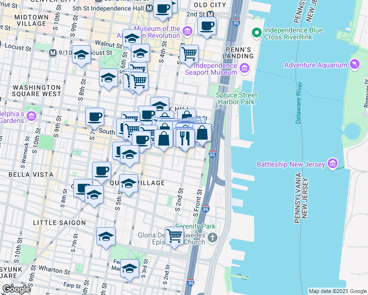 map of restaurants, bars, coffee shops, grocery stores, and more near 602 South 2nd Street in Philadelphia