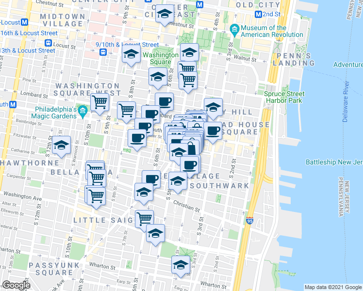 map of restaurants, bars, coffee shops, grocery stores, and more near 629 East Passyunk Avenue in Philadelphia