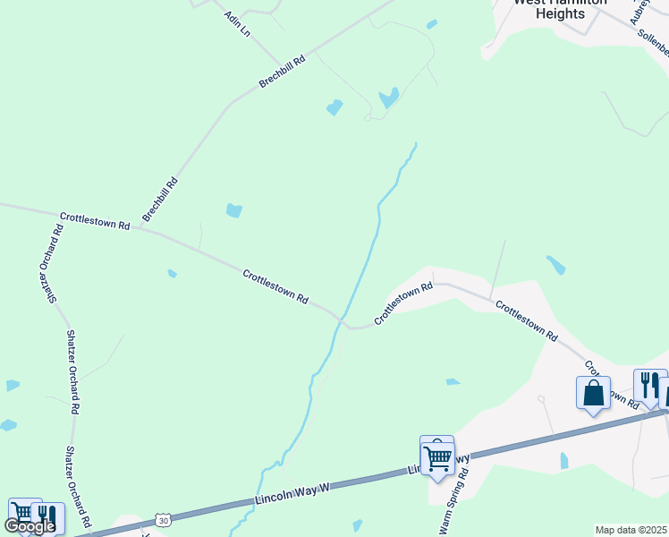 map of restaurants, bars, coffee shops, grocery stores, and more near 2025 Crottlestown Road in Chambersburg