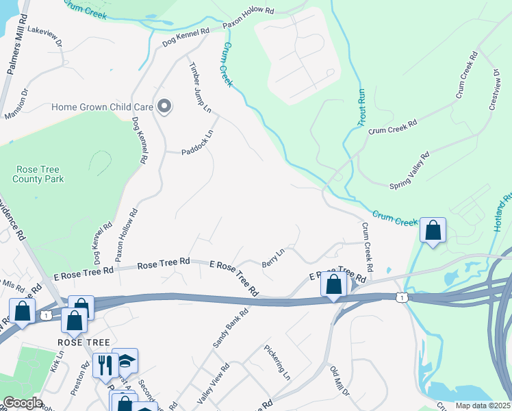 map of restaurants, bars, coffee shops, grocery stores, and more near 391 East Rose Tree Road in Media