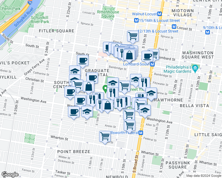 map of restaurants, bars, coffee shops, grocery stores, and more near 1712 Webster Street in Philadelphia