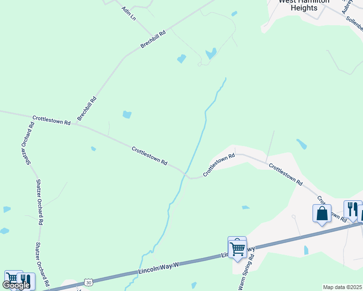 map of restaurants, bars, coffee shops, grocery stores, and more near 2025 Crottlestown Road in Chambersburg
