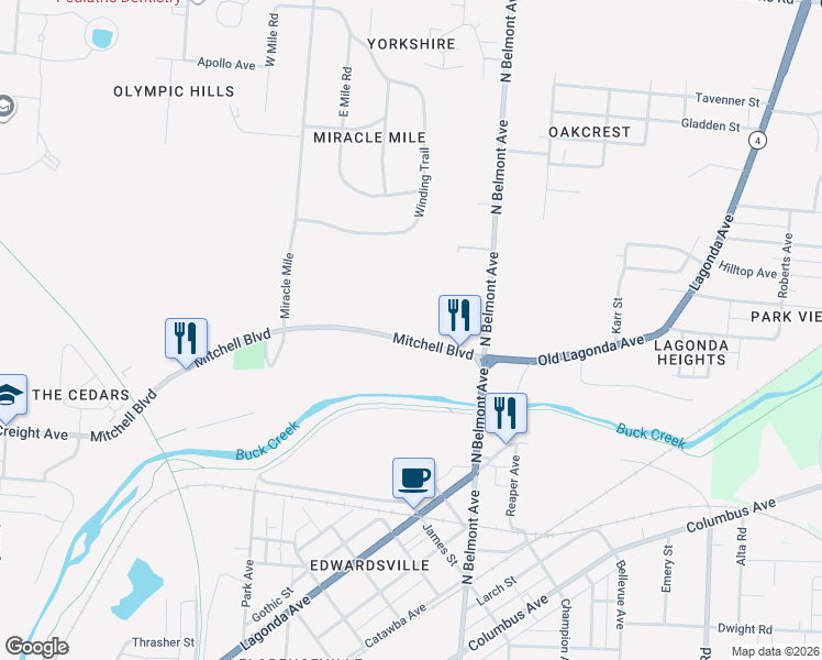 map of restaurants, bars, coffee shops, grocery stores, and more near 1515-1957 Mitchell Blvd in Springfield