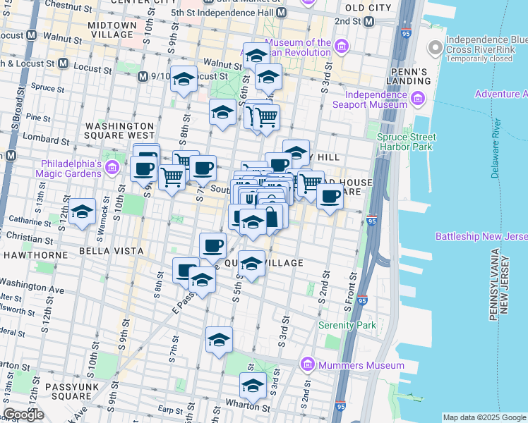 map of restaurants, bars, coffee shops, grocery stores, and more near 413 Bainbridge Street in Philadelphia