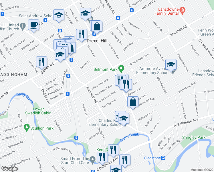map of restaurants, bars, coffee shops, grocery stores, and more near 243 Abbey Terrace in Upper Darby
