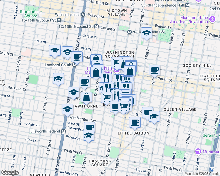 map of restaurants, bars, coffee shops, grocery stores, and more near 739 South 11th Street in Philadelphia
