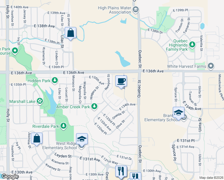 map of restaurants, bars, coffee shops, grocery stores, and more near 6752 East 135th Avenue in Thornton
