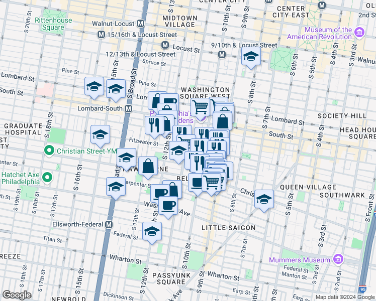 map of restaurants, bars, coffee shops, grocery stores, and more near 739 South 11th Street in Philadelphia