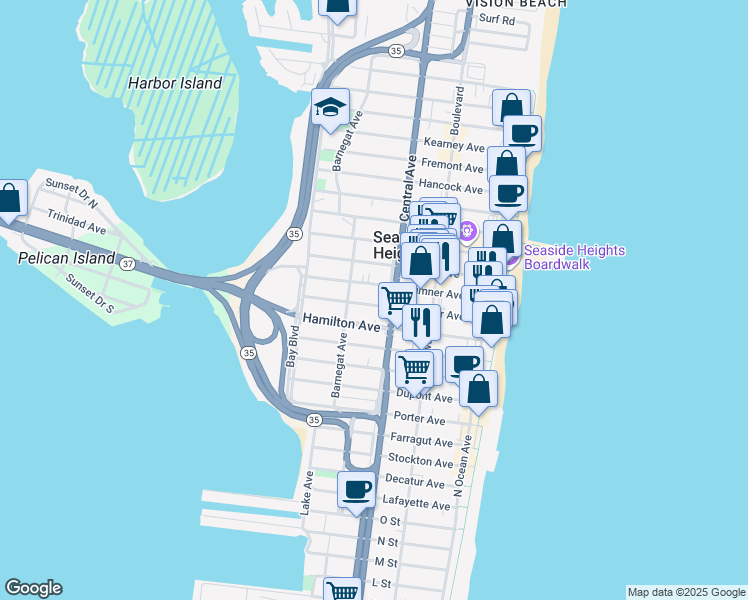 map of restaurants, bars, coffee shops, grocery stores, and more near 212 Hamilton Avenue in Seaside Heights
