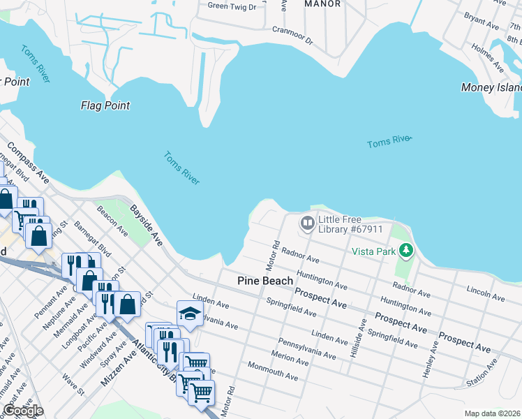 map of restaurants, bars, coffee shops, grocery stores, and more near 204 Lincoln Avenue in Pine Beach