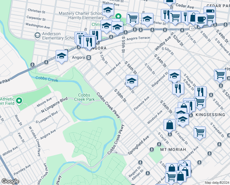 map of restaurants, bars, coffee shops, grocery stores, and more near 1408 South 58th Street in Philadelphia