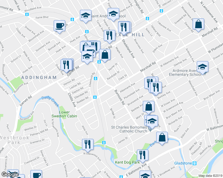 map of restaurants, bars, coffee shops, grocery stores, and more near 3814 West Marshall Road in Upper Darby