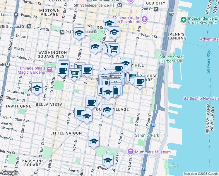 map of restaurants, bars, coffee shops, grocery stores, and more near 629 East Passyunk Avenue in Philadelphia