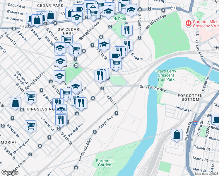 map of restaurants, bars, coffee shops, grocery stores, and more near 1414 South Fallon Street in Philadelphia