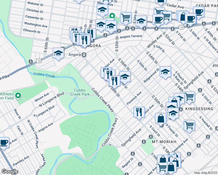 map of restaurants, bars, coffee shops, grocery stores, and more near 1408 South 58th Street in Philadelphia