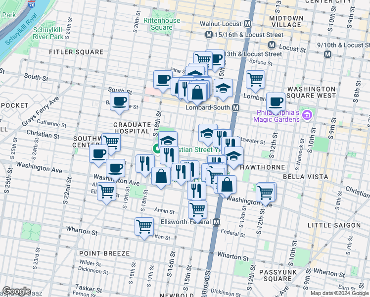 map of restaurants, bars, coffee shops, grocery stores, and more near 1604 Catharine Street in Philadelphia