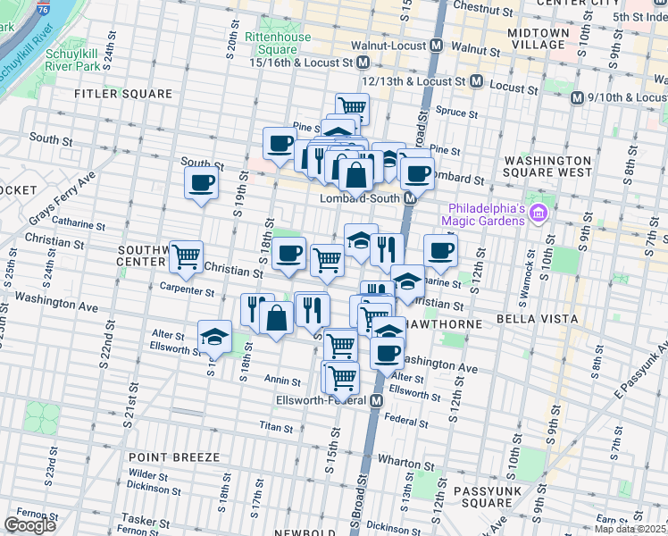 map of restaurants, bars, coffee shops, grocery stores, and more near in Philadelphia
