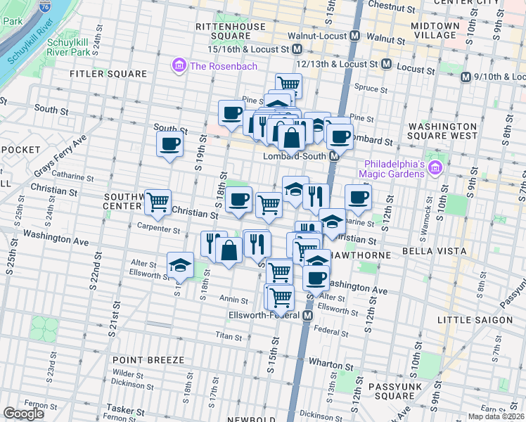 map of restaurants, bars, coffee shops, grocery stores, and more near in Philadelphia
