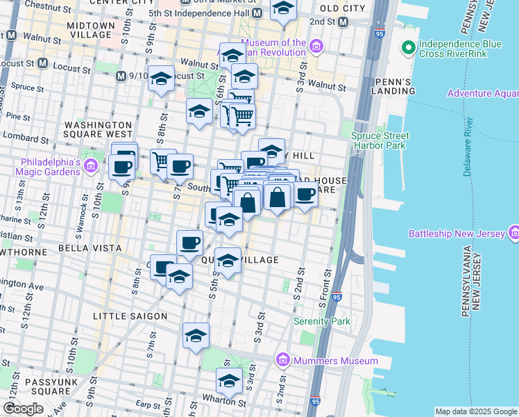 map of restaurants, bars, coffee shops, grocery stores, and more near 324 Kater Street in Philadelphia