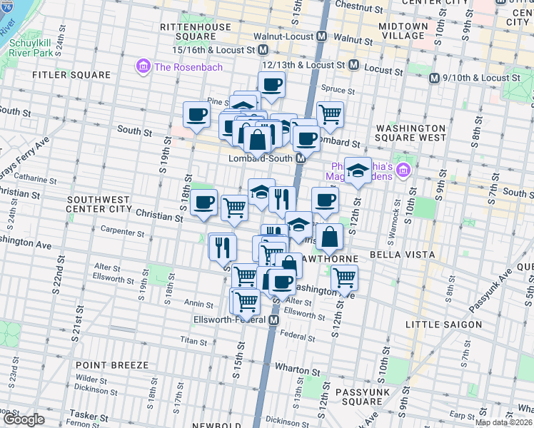 map of restaurants, bars, coffee shops, grocery stores, and more near 814 South 15th Street in Philadelphia