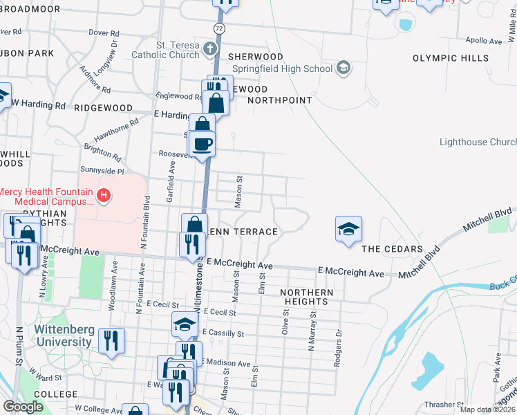 map of restaurants, bars, coffee shops, grocery stores, and more near 367 Ridge Road in Springfield
