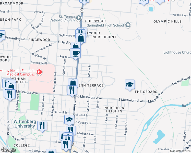 map of restaurants, bars, coffee shops, grocery stores, and more near 367 Ridge Road in Springfield