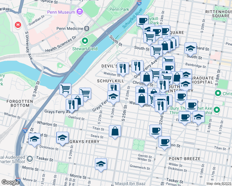 map of restaurants, bars, coffee shops, grocery stores, and more near 2546 Graduate Square in Philadelphia