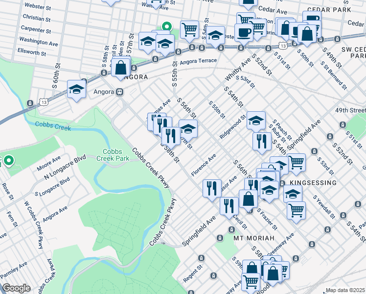 map of restaurants, bars, coffee shops, grocery stores, and more near 5713 Willows Avenue in Philadelphia