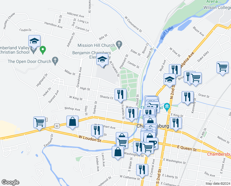 map of restaurants, bars, coffee shops, grocery stores, and more near 231 High Street in Chambersburg