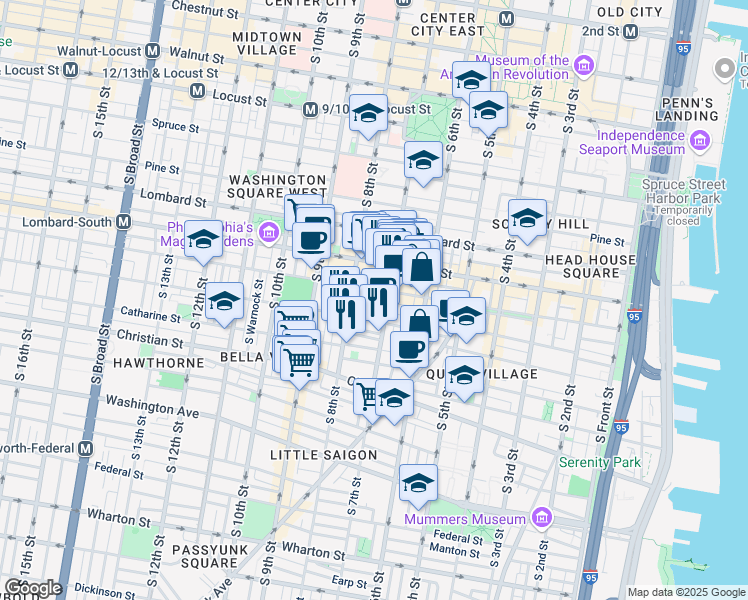 map of restaurants, bars, coffee shops, grocery stores, and more near 714 South 7th Street in Philadelphia