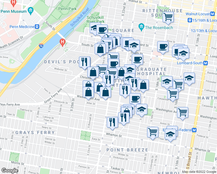 map of restaurants, bars, coffee shops, grocery stores, and more near 2202 Montrose Street in Philadelphia
