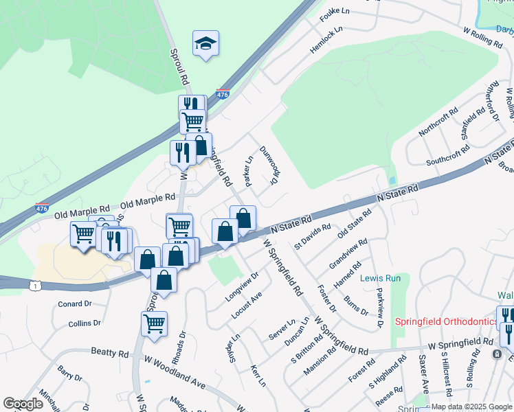 map of restaurants, bars, coffee shops, grocery stores, and more near 734 Parker Lane in Springfield