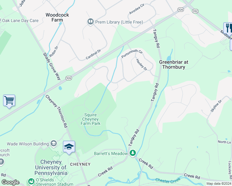 map of restaurants, bars, coffee shops, grocery stores, and more near 26 Newberry Court in Glen Mills