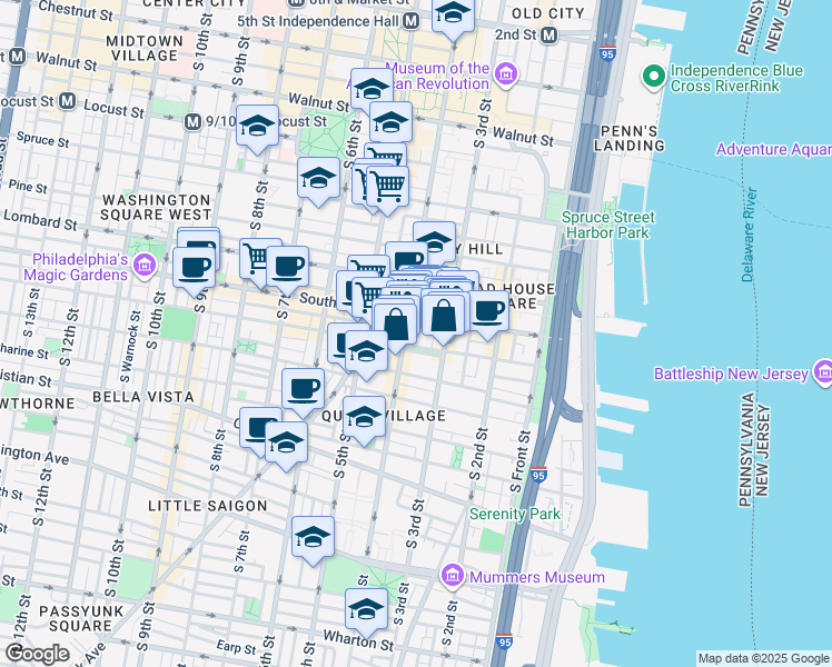 map of restaurants, bars, coffee shops, grocery stores, and more near 324 Kater Street in Philadelphia