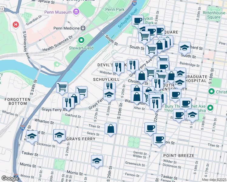 map of restaurants, bars, coffee shops, grocery stores, and more near 2544 Graduate Square in Philadelphia
