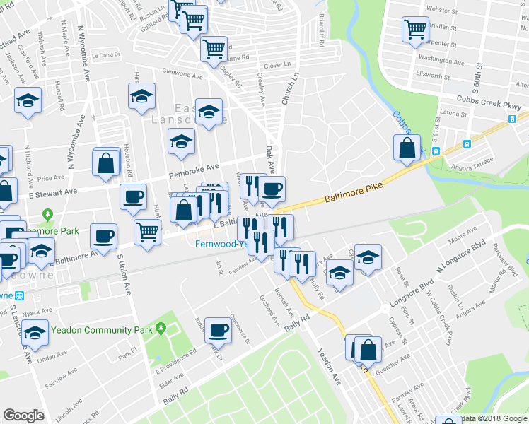 map of restaurants, bars, coffee shops, grocery stores, and more near 4 Beverly Avenue in East Lansdowne