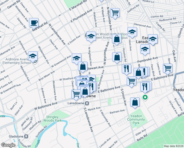 map of restaurants, bars, coffee shops, grocery stores, and more near 37 East Lacrosse Avenue in Lansdowne